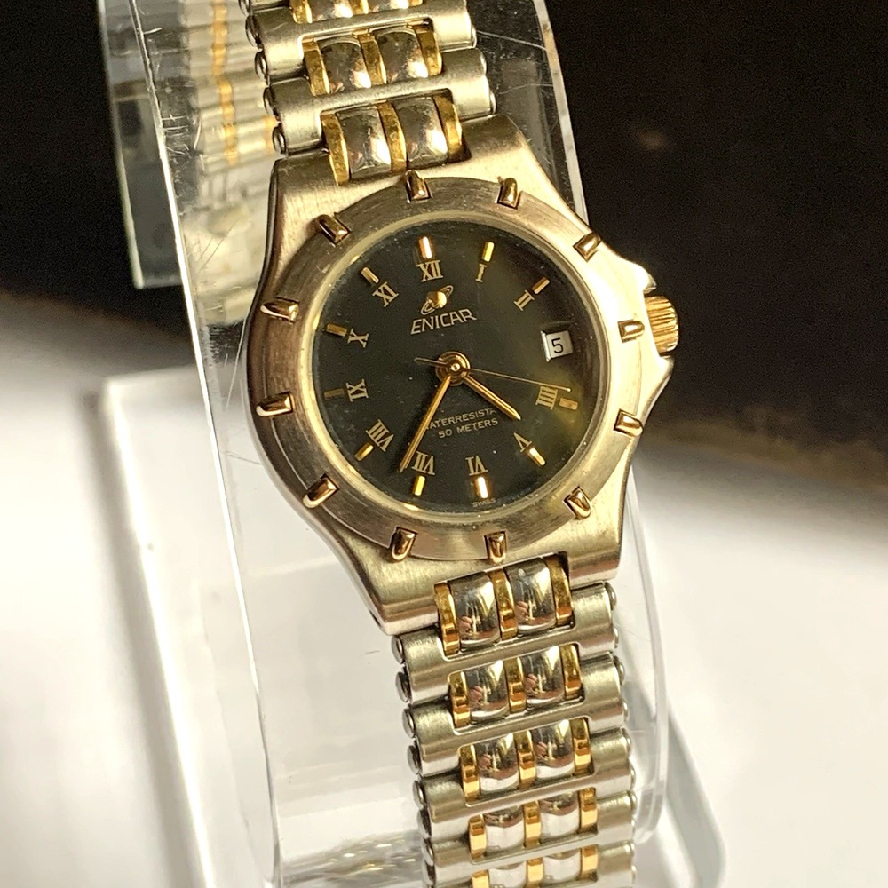 Enicar Ladies Roman Numeral Round Date Watch 956.051 Quartz Black Dial Duo Tone